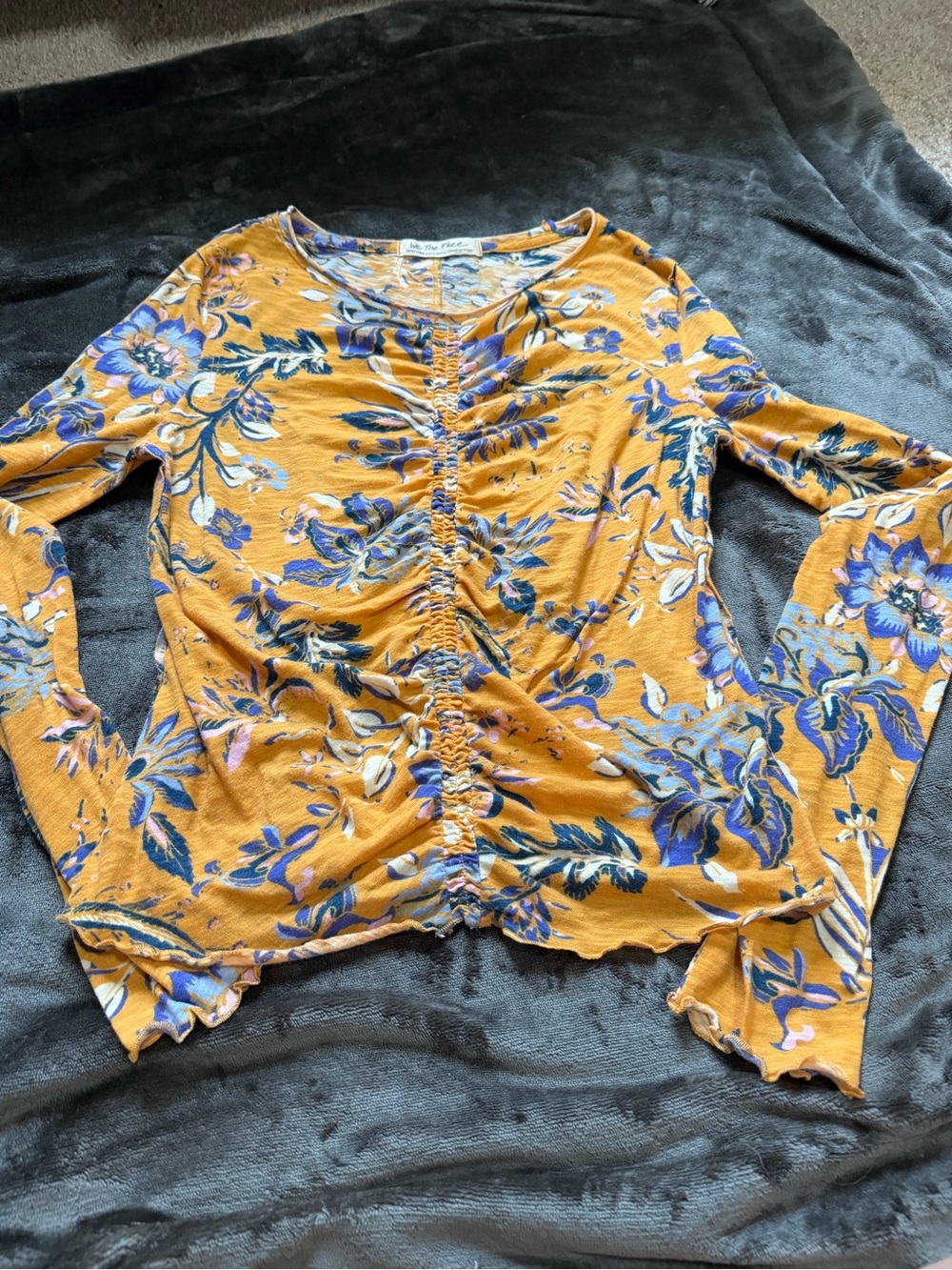We The Free Mustard Floral Ruched Long-Sleeve Top